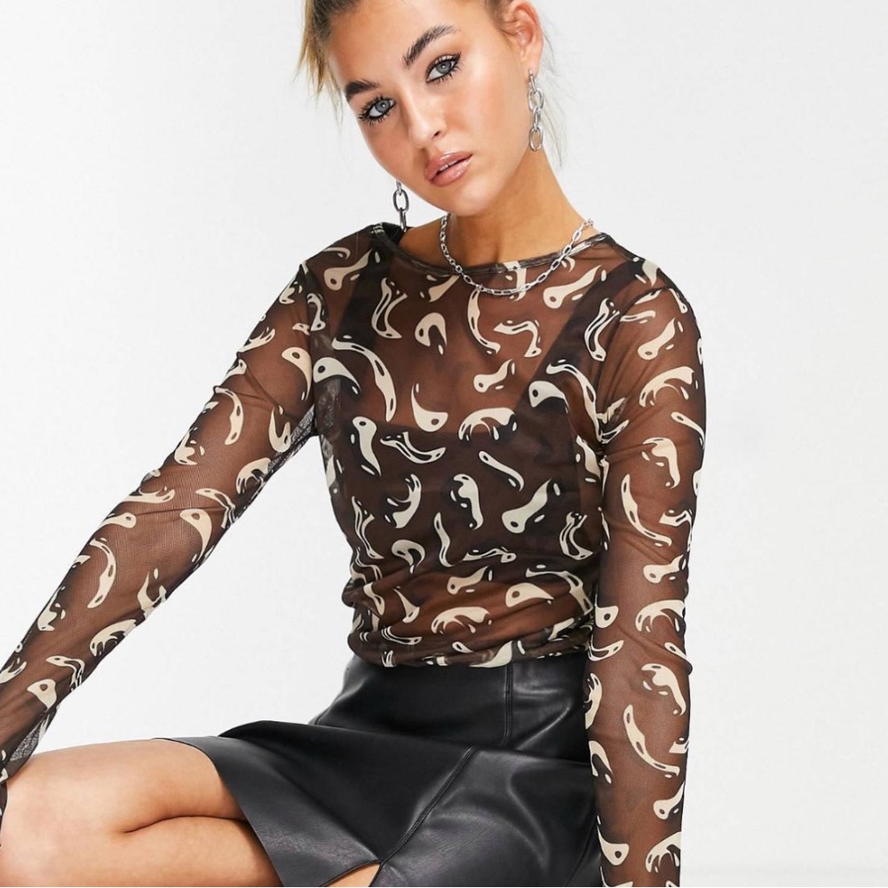 NEW Daisy Street at ASOS Mesh Ying Yang Long Sleeve Top